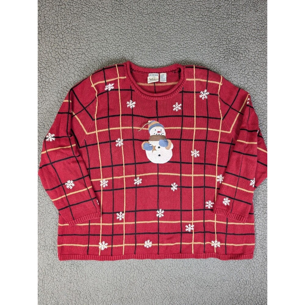 C.J. Banks Christmas Sweater 3X Red Holiday Hand Embroidered Snowflake Snowman